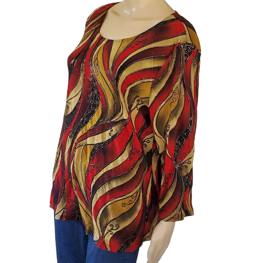 Brittany Black Women's 2X Tunic Top Multicolor Swirl Design Beaded 3/4 Sleeve